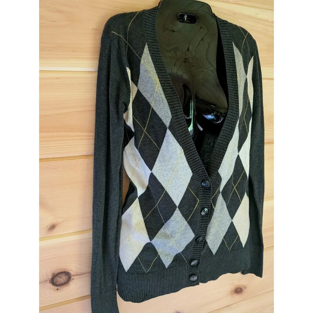 Old Navy Cardigan Women S 2010s Y2K Preppy Academic Argyle Knit V-Neck Layering
